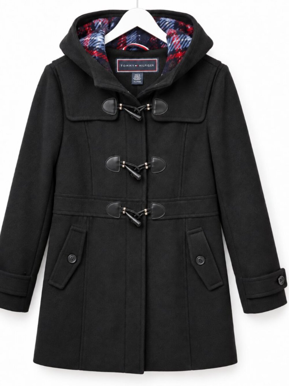 NWT Tommy Hilfiger Black Hooded Toggle Duffle Coat Plaid Lined XL